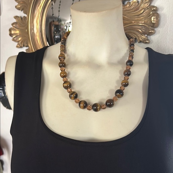 Vintage Genuine Tigers Eye Stone and Amber Crystal Bead Necklace - Picture 2 of 6